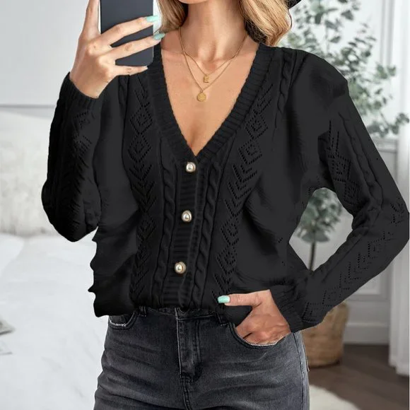 Black Ruffled Buttoned Open Front Knitted Sweater - Picture 1 of 16